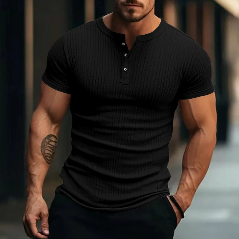 Men’s Stylish Stripe Knit T-Shirt – Fashionable Henley Neck, Soft & Breathable Casual Wear