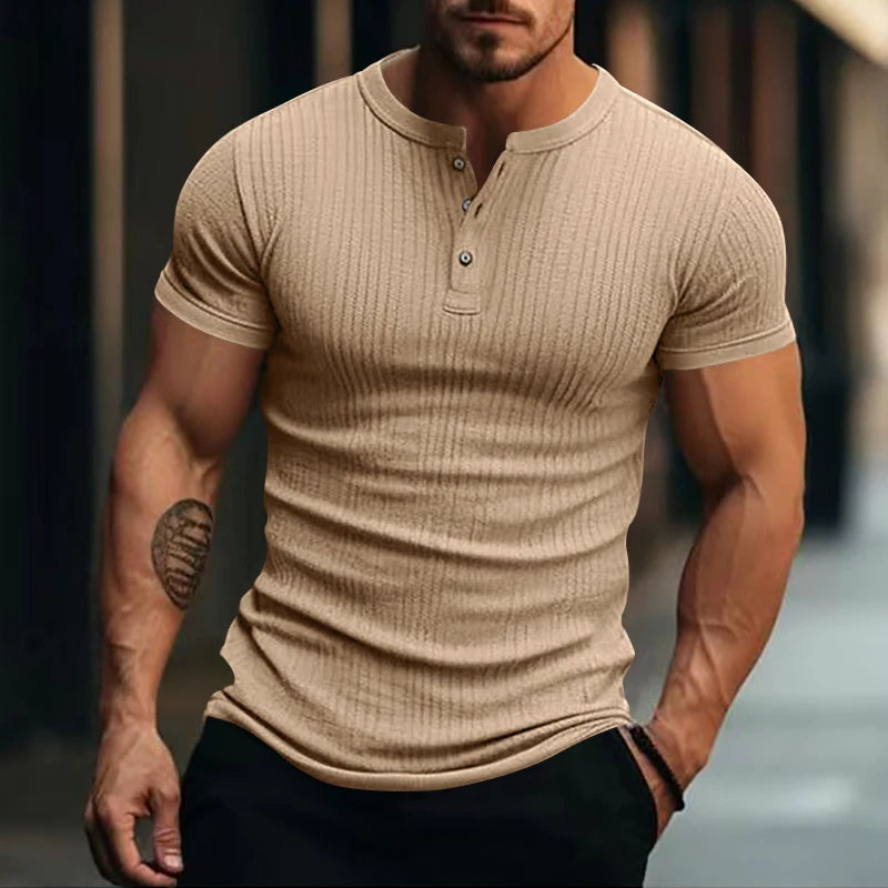 Men’s Stylish Stripe Knit T-Shirt – Fashionable Henley Neck, Soft & Breathable Casual Wear