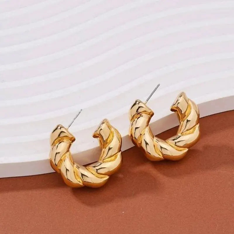 Crystal Stone Twisted Metal Hoop Earrings