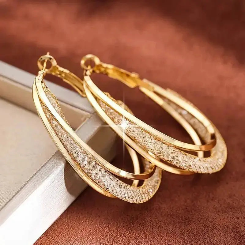 Crystal Stone Twisted Metal Hoop Earrings