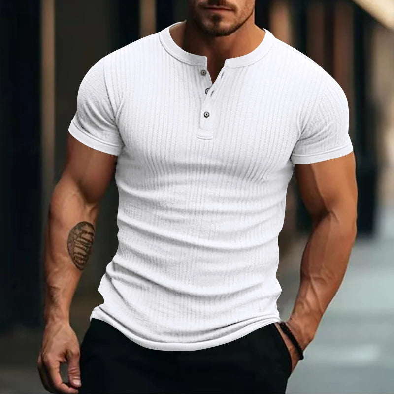 Men’s Stylish Stripe Knit T-Shirt – Fashionable Henley Neck, Soft & Breathable Casual Wear