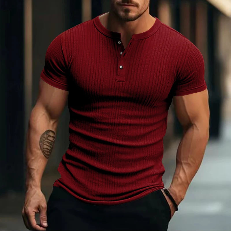 Men’s Stylish Stripe Knit T-Shirt – Fashionable Henley Neck, Soft & Breathable Casual Wear