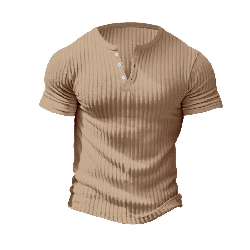 Men’s Stylish Stripe Knit T-Shirt – Fashionable Henley Neck, Soft & Breathable Casual Wear